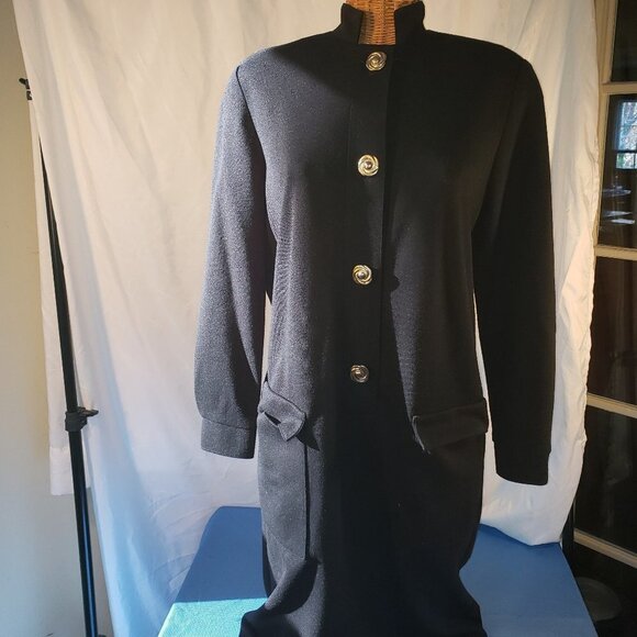 Ladies Vintage CARON Chicago Black Gold Button Front Dress W/Shoulder Pads-6 - Picture 1 of 5